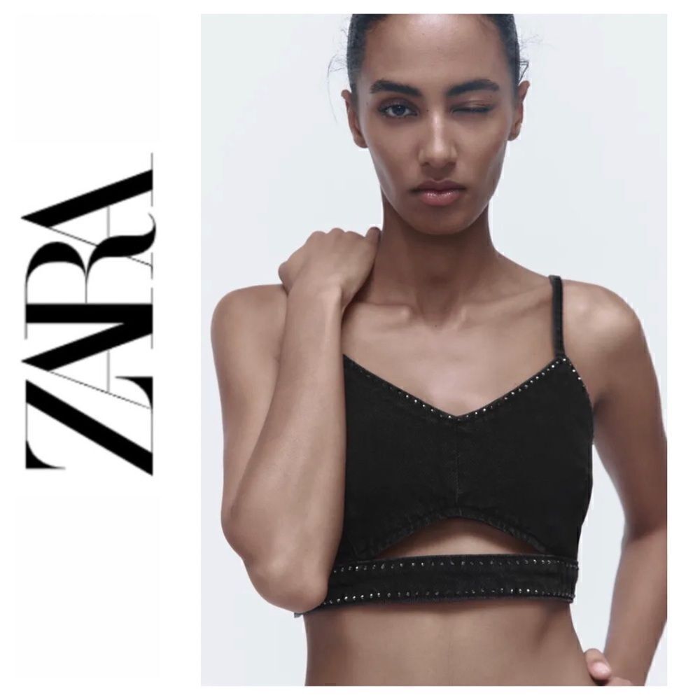 NWT Zara Black Rhinestone The Denim Cropped V-Neck Cut Out Front Open Top, XS
